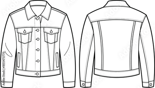Technical fashion flat sketch denim jacket front back view, collar pockets seams cuffs, garment construction drawing vector illustration clothing design