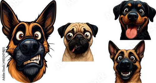 Funny cartoon dog faces set with expressive emotions and cute pet character illustrations vector