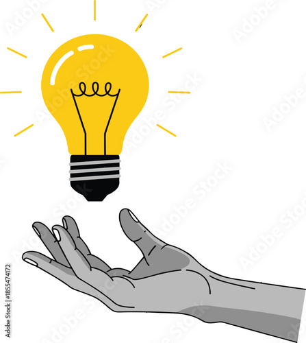 Minimalist vector illustration of a grey hand reaching up toward a bright yellow glowing light bulb for creative ideas.