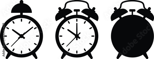 Black alarm clock silhouettes set showing different clock styles, time concept icons isolated on white background for graphic design use