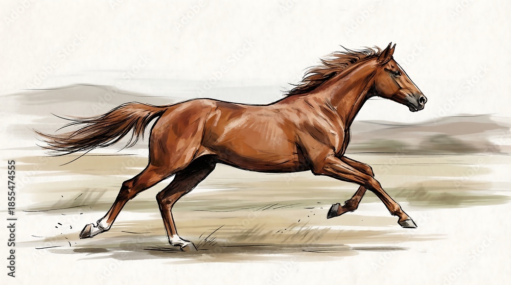 Obraz premium Running brown horse galloping in a field during daytime