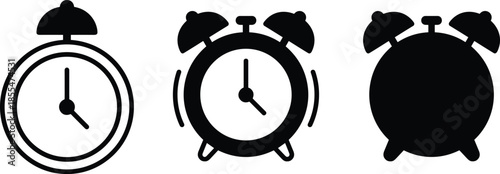 Black alarm clock silhouettes collection showing different clock styles, time management concept icons isolated on white background for graphic design