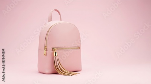 Pink backpack with gold zipper and tassel isolated on pastel pink background