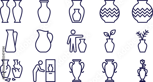 Antique pottery vase icons set, ceramic urn amphora collection, museum archaeology heritage decoration symbols, minimal outline vector illustration design style