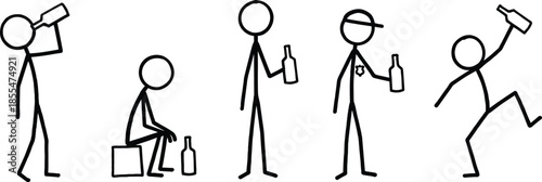 Alcohol, addiction, stages, illustration, showing, drinking, behavior, problem, abuse, habit, stick, figure, man, concept, black, white, vector, design, sequence, infographic