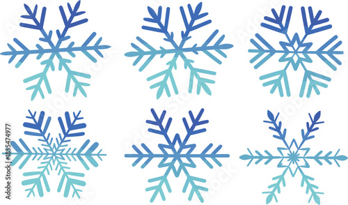 Blue snowflake set illustration in winter frost style, icy geometric design, minimal vector collection, cold season decoration on white background