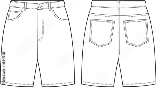 Technical fashion flat sketch shorts front back view, high waist belt loops pockets, garment construction drawing vector illustration clothing design