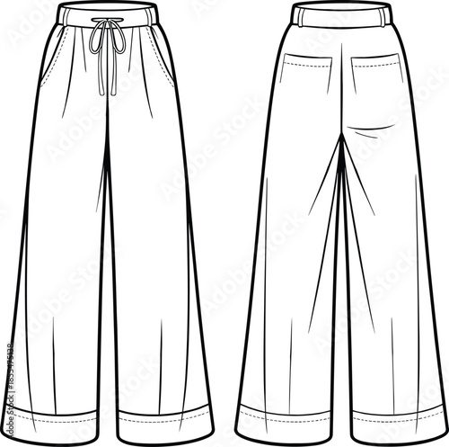 Technical fashion flat sketch wide leg pants front back view, waistband drawstring pockets seams stitching details, garment construction drawing vector illustration clothing design
