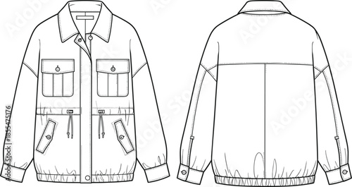 Technical jacket cad drawing, flat vector illustration, front and back view, fashion apparel design, outerwear blueprint, garment specification sheet