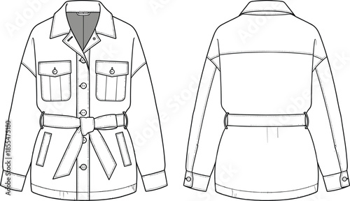 Women belted utility jacket cad drawing, flat vector illustration, front and back view, fashion apparel design, outerwear technical specification