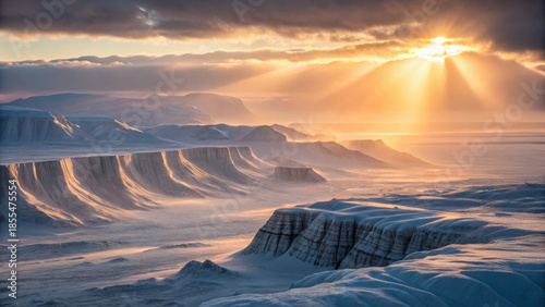 Glacier landscapes plateau sunrise glowing light over icy plateau and sculpted glacier cliffs creating serene dramatic vista