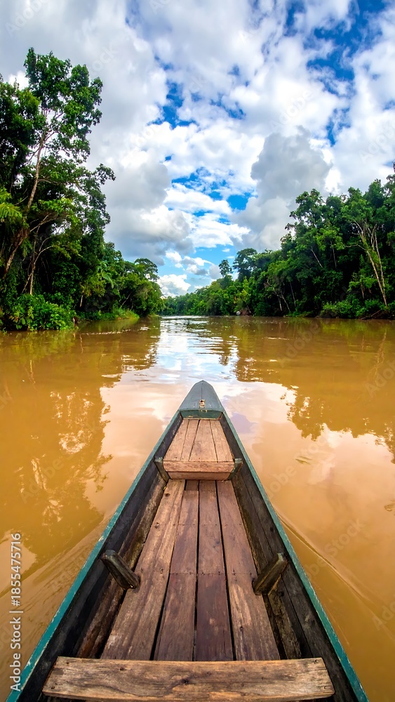 Obraz premium Boat navigating a calm river through lush green rainforest under a blue sky