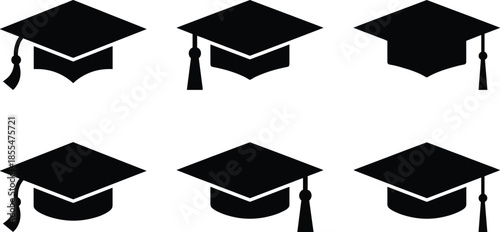 Graduation cap silhouettes collection, academic mortarboard icons symbolizing education success, learning achievement isolated on white background for graphic design projects