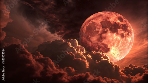 Dramatic red moon illuminating dark, fiery clouds in a celestial scene