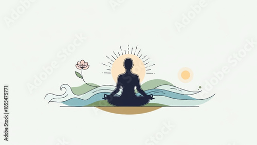 A serene person meditating on a hill with a flower beside them at sunrise