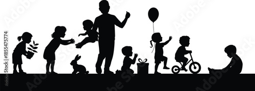 Diverse collection of professional business people silhouettes, colorful artistic life trees, rainbow butterflies, nail studio logos, and playing children silhouettes