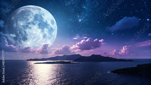 A massive full moon illuminates a starry night sky over tropical islands and ocean