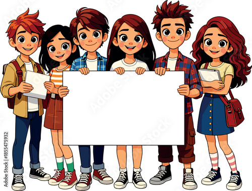 Group of Happy Cartoon Teenagers Holding Blank Banner, Cute Students Team Illustration Isolated