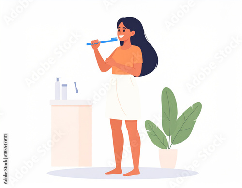 A happy young woman with long dark hair brushing her teeth in a bathroom, wearing an orange top and white towel.
