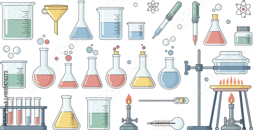 Illustration of Laboratory Glassware and Scientific Equipment for Chemistry Experiments