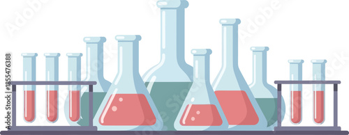 scientific laboratory glassware filled with colored liquids and test tubes for chemistry experiments