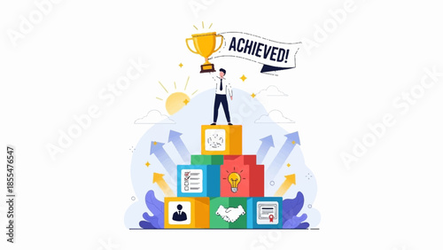 A person celebrating achievement on a stack of colorful blocks with a trophy