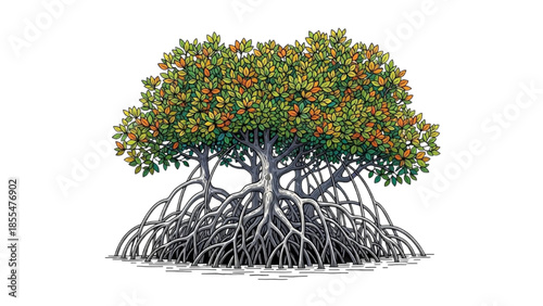 High-Quality Black Outline Colorful Art of Mangrove Trees with Visible Roots