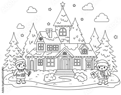 Two cute cartoon elf children standing in a snowy Christmas scene.