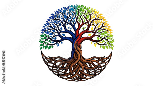 High-Quality Black Outline Colorful Art of Tree with Exposed Roots and Circle of Life