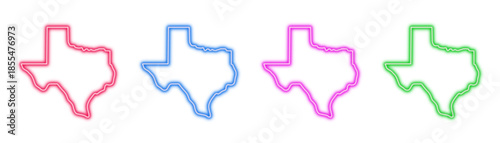 Neon glowing Texas map outlines vector icons set, state, shape, USA, geography, location, vibrant colorful digital design illustration on transparent background.