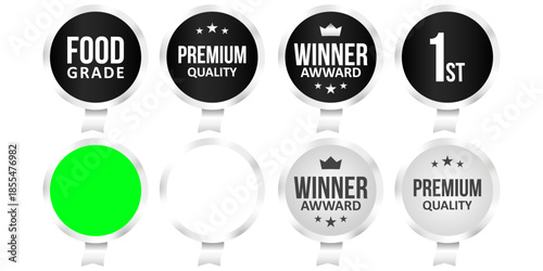 Shiny silver badge and label pack with luxury metallic frames, polished chrome accents