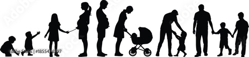 Family life cycle silhouette showing childhood to parenthood, generations growth timeline illustration, human development stages, parenting journey concept family silhouette
