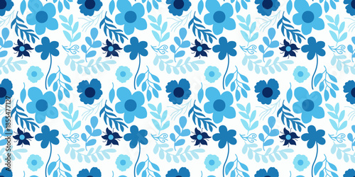 Seamless floral pattern with blue Flowers and leaves on a white background. Bold and elegant, ideas for fashion, fabric design, packaging, digital prints