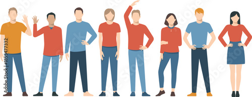 Flat vector illustration of diverse group of people standing together, men and women in casual clothes, isolated on white background, community