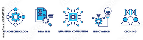futuristic computing and data science web banner icon vector illustration for quantum and data driven technology with nanotechnology, dna test, quantum computing, innovation, cloning