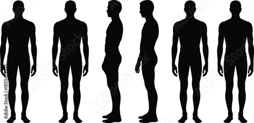 Full body standing male human silhouettes, various front and profile views for anatomy, health, fitness, and design vector graphics