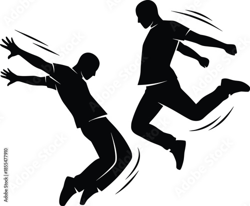 Silhouettes of dynamic physical interaction, black figures, airborne kick, reactive posture, motion lines, conflict gesture, martial arts concept, white background