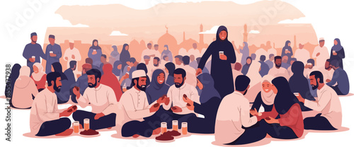Ramadan kareem illustration of a diverse group of people sitting on the floor eating together in a warmly lit, festive atmosphere with a cityscape background.