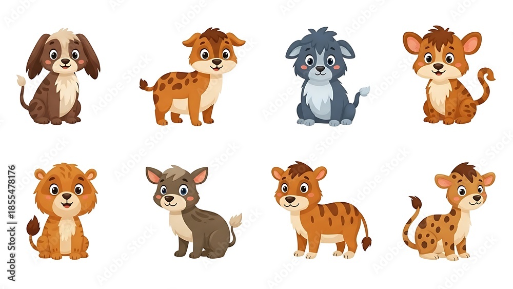Fototapeta premium Cute Cartoon Puppies and Young Wild Cats Illustrations for Kids and Animal Lovers