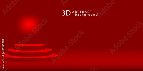 Red round podium on red stage display for award ceremony in red room for product presentation, 3d render.
