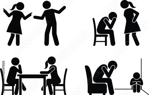 Silhouettes of emotional interactions, black figures, conflict, distress, confrontation, sadness, child impact, white background, mental health awareness, expressive posture scenes