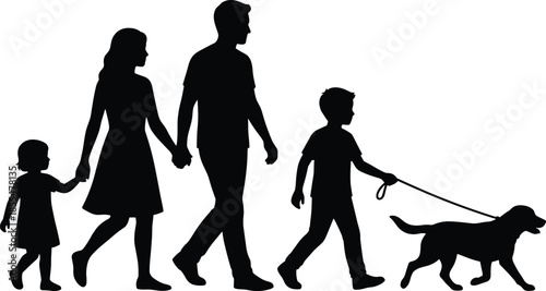 Silhouettes of family walking with dog, black figures, parents and children, leash pose, companionship, outdoor activity, white background, togetherness gesture