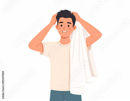 A smiling young man drying his short dark hair with a white towel after a shower, depicted in a clean vector illustration.