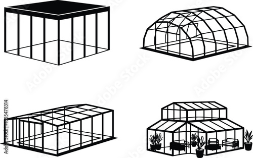 Greenhouse structures set with different shape frames for garden and landscaping exactly 100 chars.