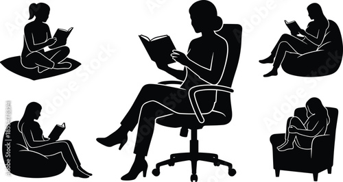 Silhouettes of people reading in relaxed seated poses, black figures, chair variety, book gesture, white background, comfortable posture, indoor activity