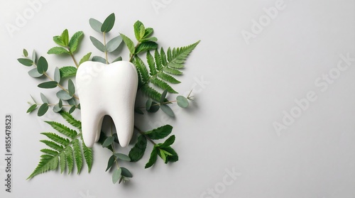 White tooth model surrounded by green leaves on a light background