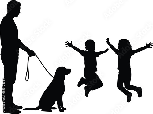 Silhouettes of person with dog and children, black figures, joyful gesture, jumping kids, leash pose, companionship moment, white background, playful interaction