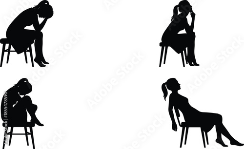 Silhouettes of seated figure in emotional postures, black illustrations, stool pose, sadness, contemplation, exhaustion, white background, expressive body language