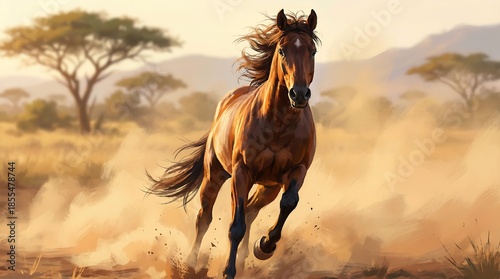 Wild horse running through dry savannah landscape with dust and trees