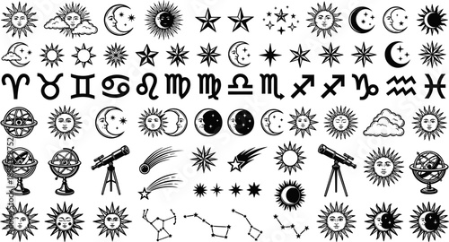 Celestial sun moon and zodiac signs vector illustration